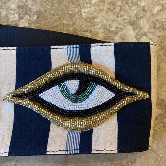 Figue Silk Beaded Wink Eye Tie Belt Black Beige Blue Stripe Rope Tie 3” width - Picture 4 of 7